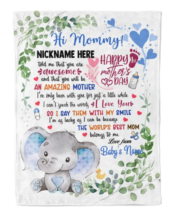 1st Mother's Day Gift, Gifts for New Mom, Personalized Hi MOMMY Cute Baby Elephant ,  Gift  for Newmom,  Safari Baby Shower, Jungle Nursery Blanket