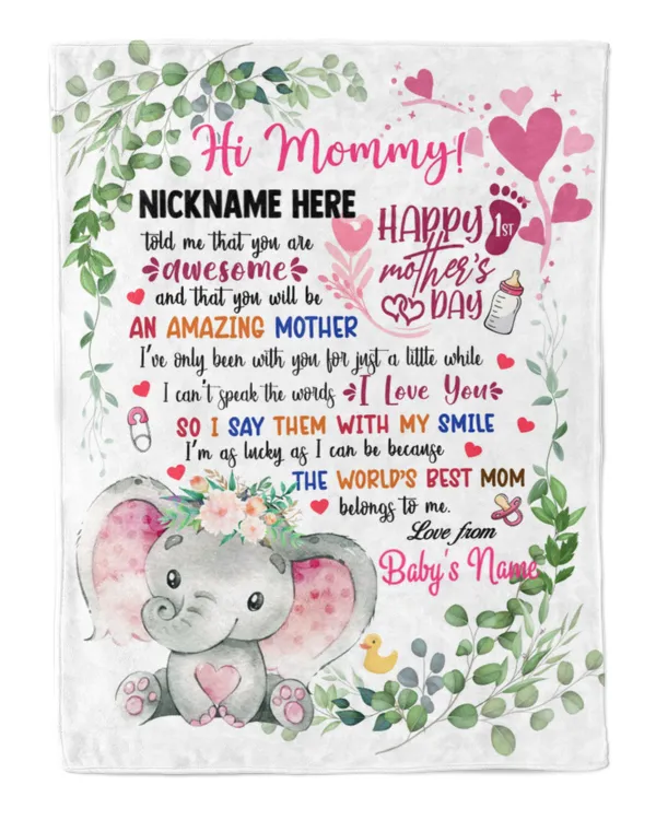 1st Mother's Day Gift, Gifts for New Mom, Personalized Hi MOMMY Cute Baby Elephant ,  Gift  for Newmom,  Safari Baby Shower, Jungle Nursery Blanket