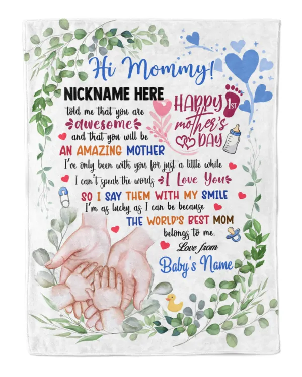 1st Mother's Day Gift, Gifts for New Mom, Personalized Hi MOMMY Cute Baby Hand ,  Gift  for Newmom,  Safari Baby Shower, Jungle Nursery Blanket