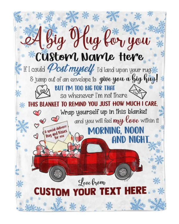 Personalized Name To my Granddaughter Blanket, Christmas Gift with A big hug for you Quotes, Christmas Red plaid Truck with Heart and snow theme Blanket