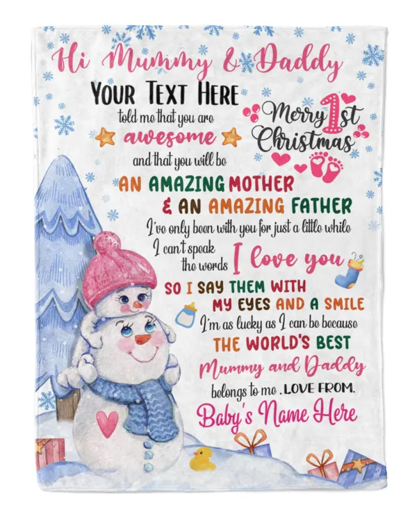 Personalized Hi MUMMY and DADDY Cute Baby Girl with Snowman,  1st Chritmas Gift from Grandma and baby for Newmom, First Christmas gifts.