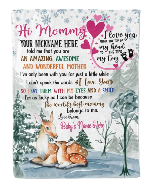 Personalized Hi MOMMY  Cute Baby Girl Deer in Winter forest, moutain ,  1st Chritmas Gift from Grandma and baby for Newmom, First Christmas gifts.