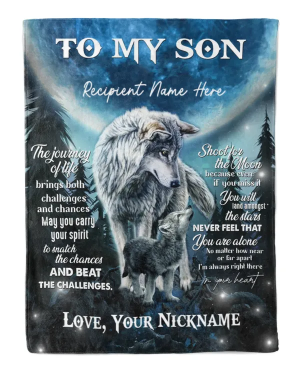 Personalized Name To my Son Gift, Wild Wolf Art  Forest Moon Themes Shooter the moon Quotes Blanket