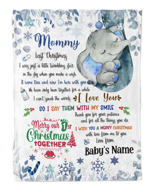 Personalized  Name Blanket Cute Elephant Baby ,  1st Chritmas Gift  for Mom and baby.  First Christmas gifts.