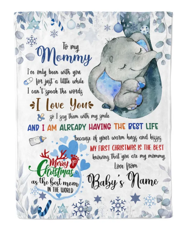 Personalized Name Blanket Cute Elephant Baby Boy ,  1st Chritmas Gift  for Mom and baby.  First Christmas gifts as Mom Gift, Baby first Christmas.