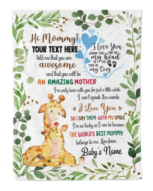 Personalized Hi MOMMY  Cute Baby Giraffe ,  Gift  for Newmom, Safari Baby Shower, Jungle Nursery Blanket