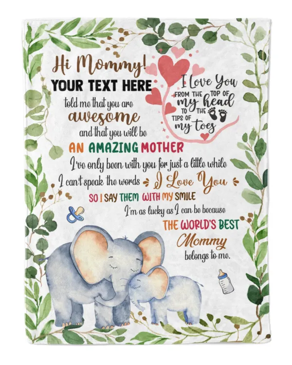 Personalized Hi MOMMY  Cute Baby Elephant and Mom ,  Gift  for Newmom, Safari Baby Shower, Jungle Nursery Blanket