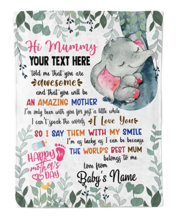 Personalized Hi MUMMY Cute Baby Girl Elephant and Mum ,  Gift  for Newmum, Safari Baby Shower, Jungle Nursery Blanket