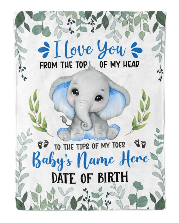 Personalized Name and Date  Cute Baby Elephant boy ,  Gift  for Newmom, Baby Shower Gifts