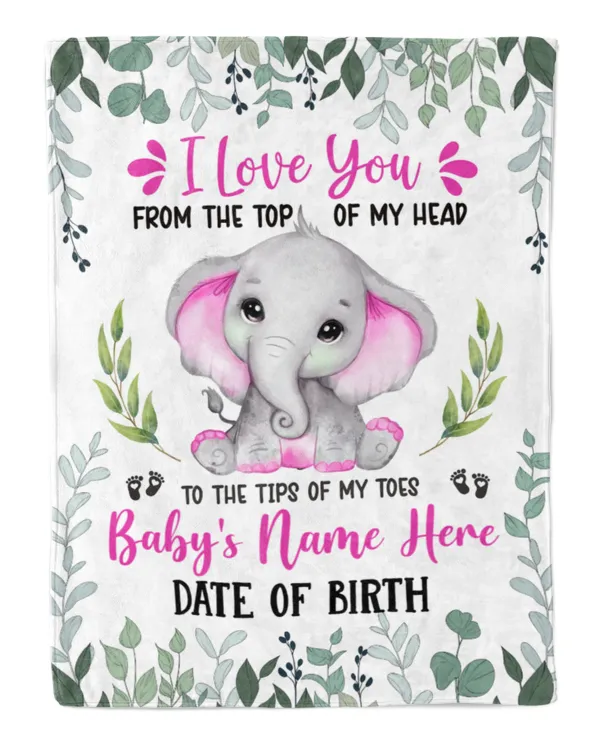 Personalized Name and Date  Cute Baby Elephant Girl ,  Gift  for Newmom, Baby Shower Gifts