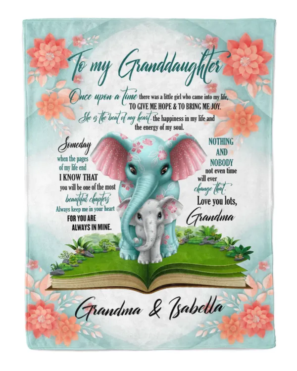 Personalized Blanket for Grandmother and Granddaughter Elephant , PAGE OF MY LIFE, Flower Spring style