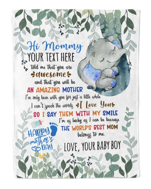 Mother's day Gifts for New Mom, Personalized Hi MOMMY  Cute Baby Elephant ,  Gift  for Newmom,  Safari Baby Shower, Jungle Nursery Blanket