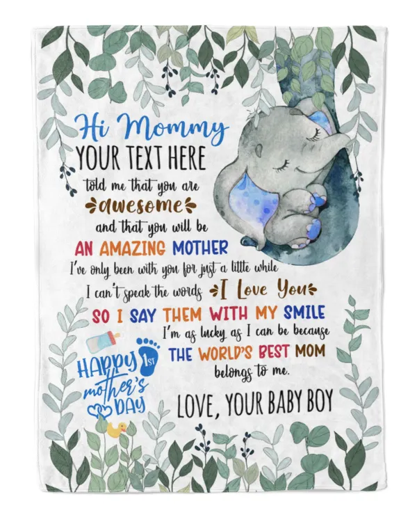 1s Mother's day Gifts for New Mom, Personalized Hi MOMMY  Cute Baby Elephant ,  Gift  for Newmom,  Safari Baby Shower, Jungle Nursery Blanket