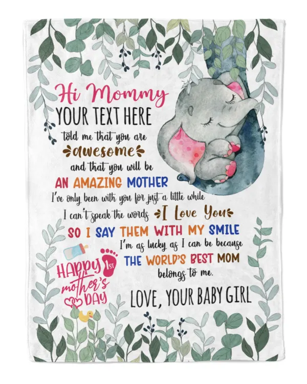 1s Mother's day Gifts for New Mom, Personalized Hi MOMMY  Cute Baby Girl Elephant ,  Gift  for Newmom,  Safari Baby Shower, Jungle Nursery Blanket