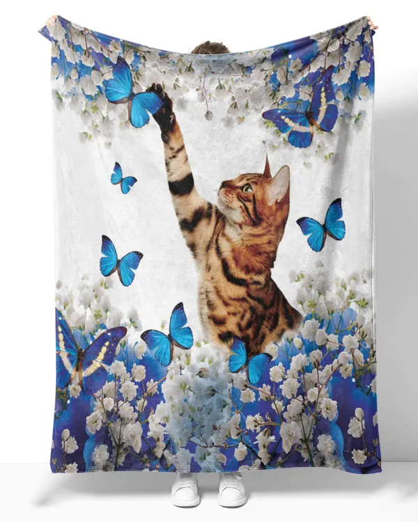 Bengal cat blue and white flowers Vertical