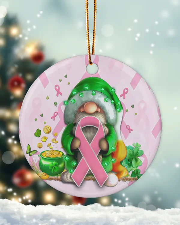 Breast Cancer Gnome Round Ornament