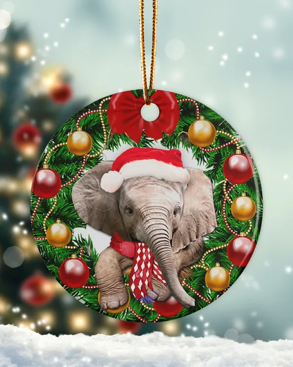 Elephant Christmas Wreath Circle Ornament