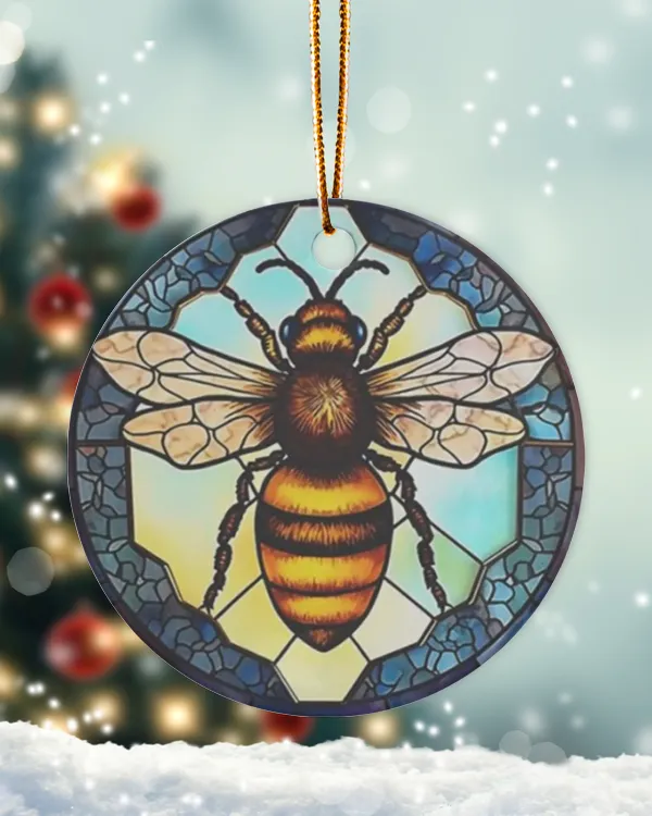 Bee Ornament in Stained Glass Style, Bee Christmas Ornament