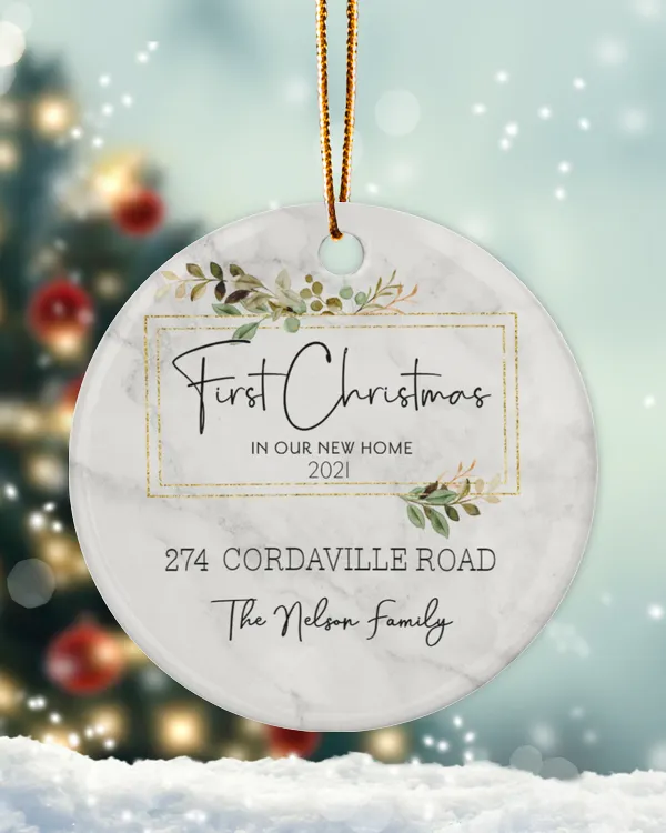First Christmas In Our New Home With Year, Address and House Name | Engagement, Miss to Mrs, Couples Gift, Wedding | Christmas Ornaments | Pine Tree Ornaments