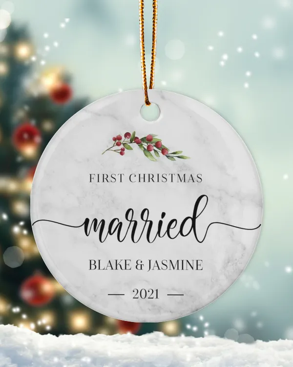 First Christmas Married With Name and Year | Newlywed Couple | First-time Parents | Engagement, Miss to Mrs, Couples Gift, Wedding| Christmas Ornament | Pine Tree Ornaments