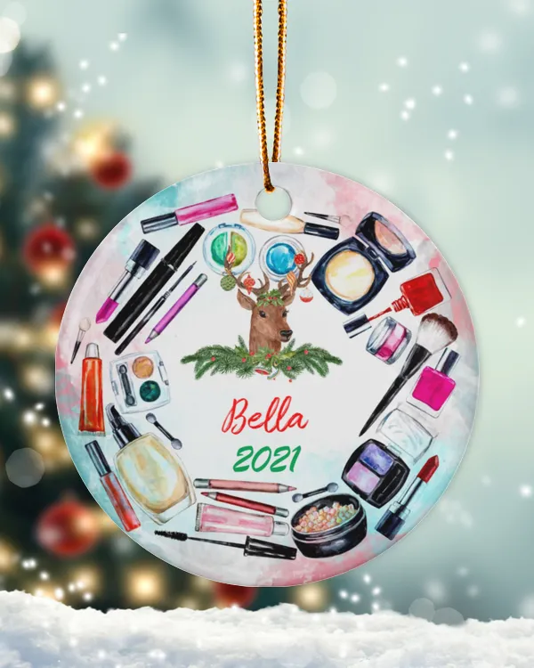 Bella RD Personalized Makeup Artist Christmas Tree Ornament, Nail Polish Ornament, Cosmetics, I Love Makeup