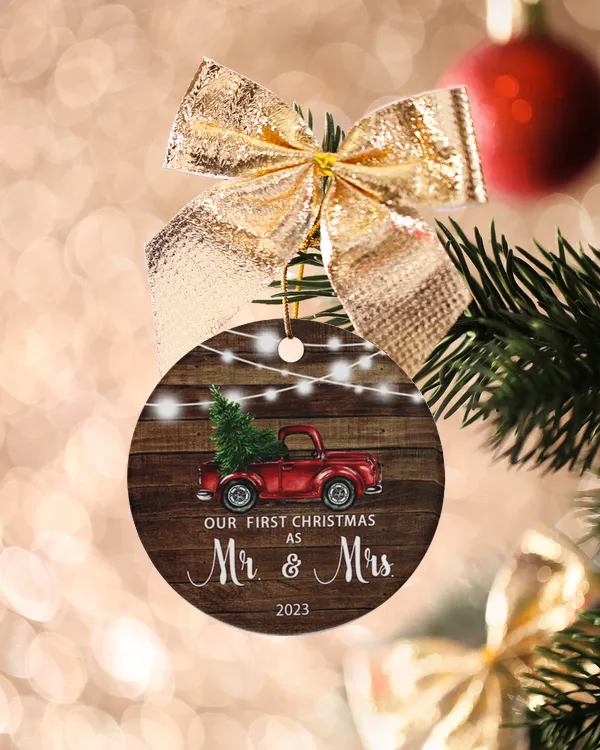 Our First Christmas as Mr & Mrs Just Married Re Truck Christmas Tree Ornament Gift for Newlywed Couple 2023