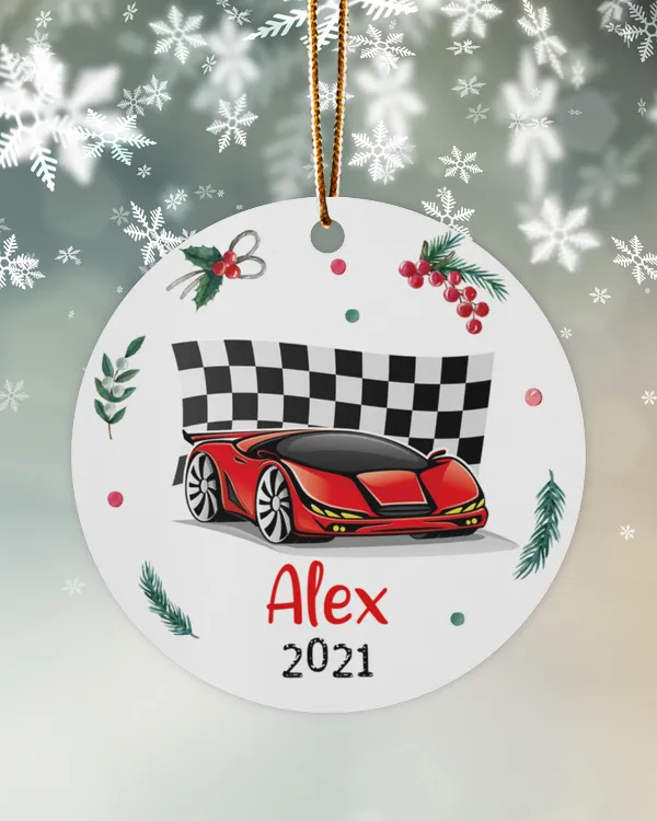 RD Personalized Red Race Car Christmas Ornament, Racing Drag Car Ornament, Checkered Flag