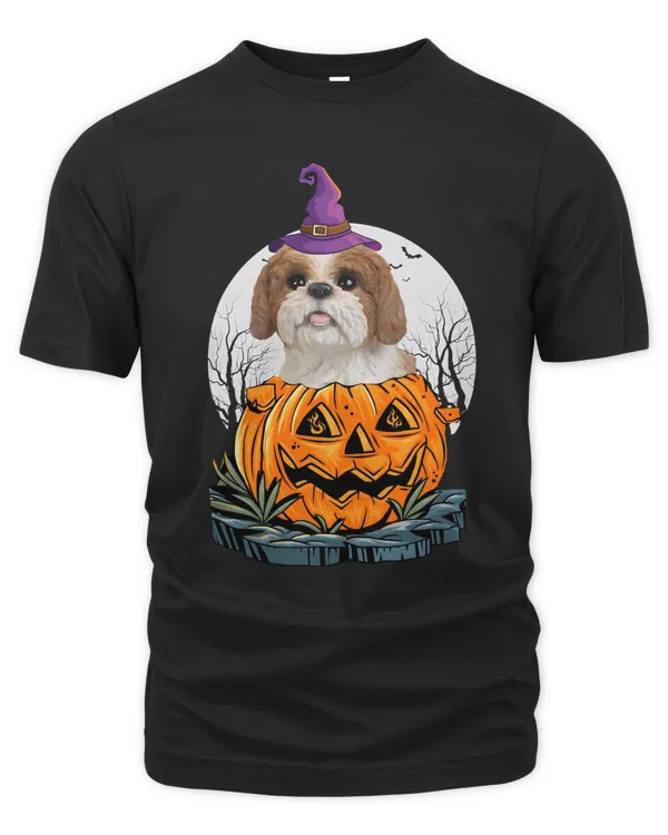 Dog Shih Tzu Dog Halloween Costume With Witch Hat and Pumpkin Funny 309 paw
