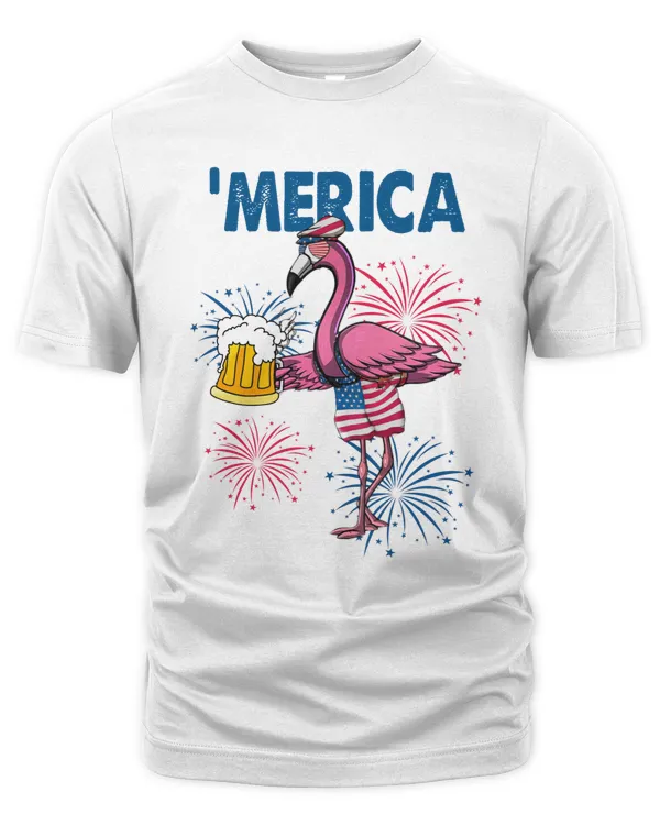 Merica Funny Flamingo With Beer American Flag 4th July USA