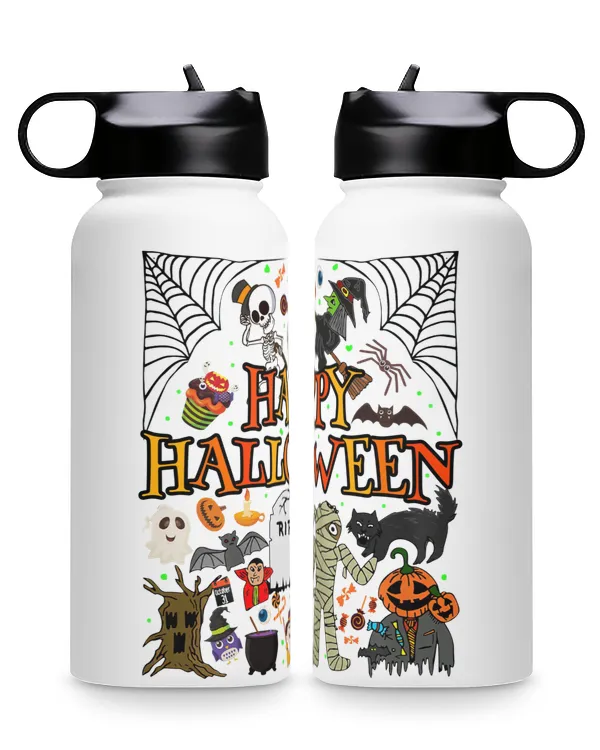 Happy Halloween Scary Retro Premium Water Bottle, black cat RIP pumpkin bat skeleton witches