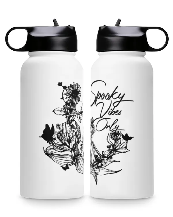 Spooky Vibes Only Premium Water Bottle, flower skeleton black butterfly