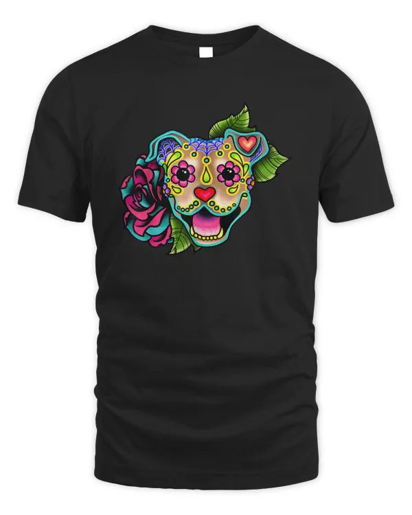 smiling pitbull in fawn - day of the dead sugar skull dog