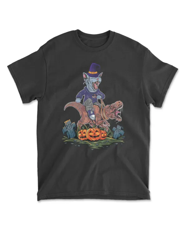 Dinosaur Cat Witch Riding Dinosaur TRex Halloween Dino