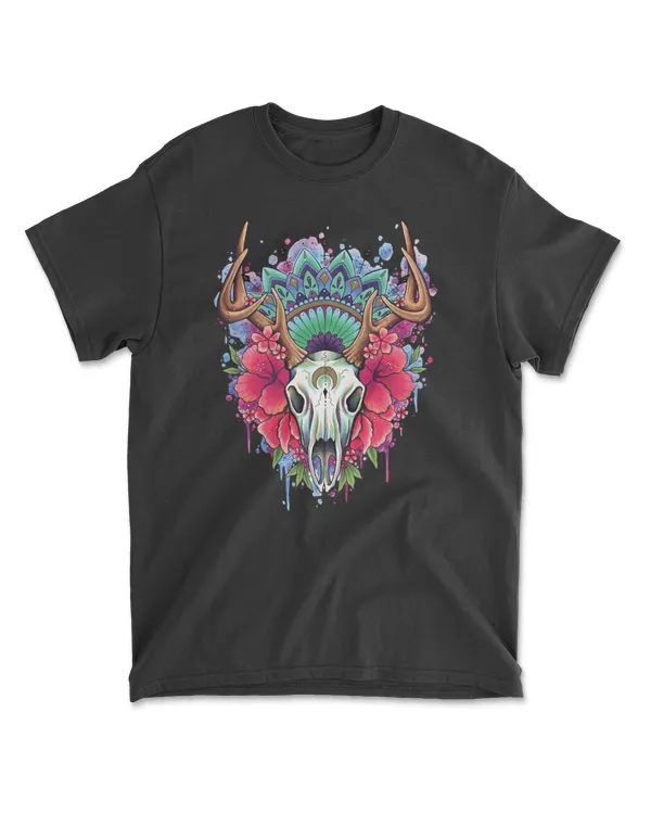 Skull Stag Skull and Flowers watercolor design