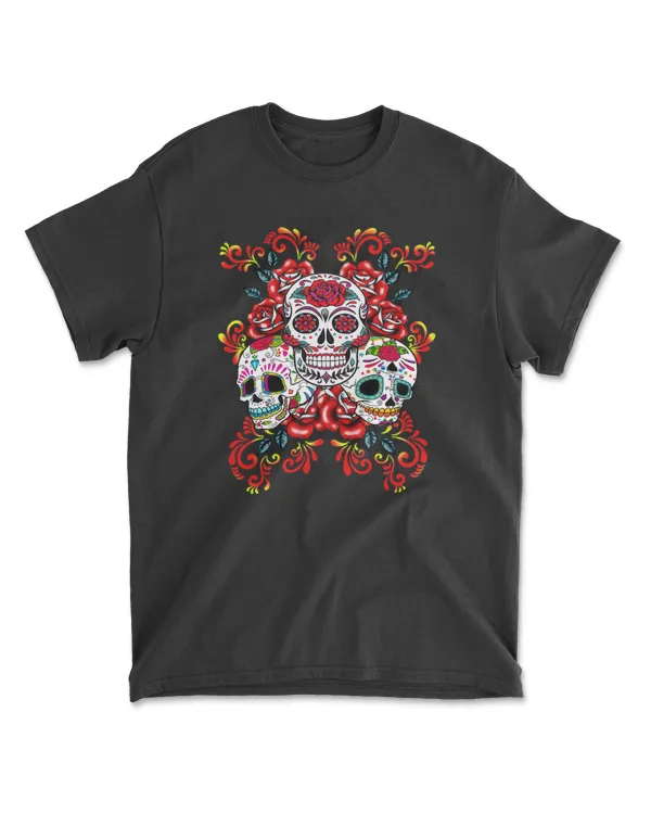 Skull Triple Skull Red Floral Day Of The Dead Sugar Skulls