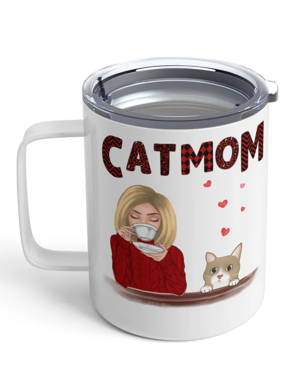 Cat Mom Red Patterned Personalized Mug, Cat Mom Mug, Custom Mothers Day Mug, Personalized Mothers Day Mugs