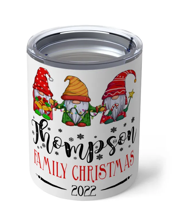Thompson Family Christmas 2022 Insulated Mug, Snowflakes Christmas bells star Stick shaped candy