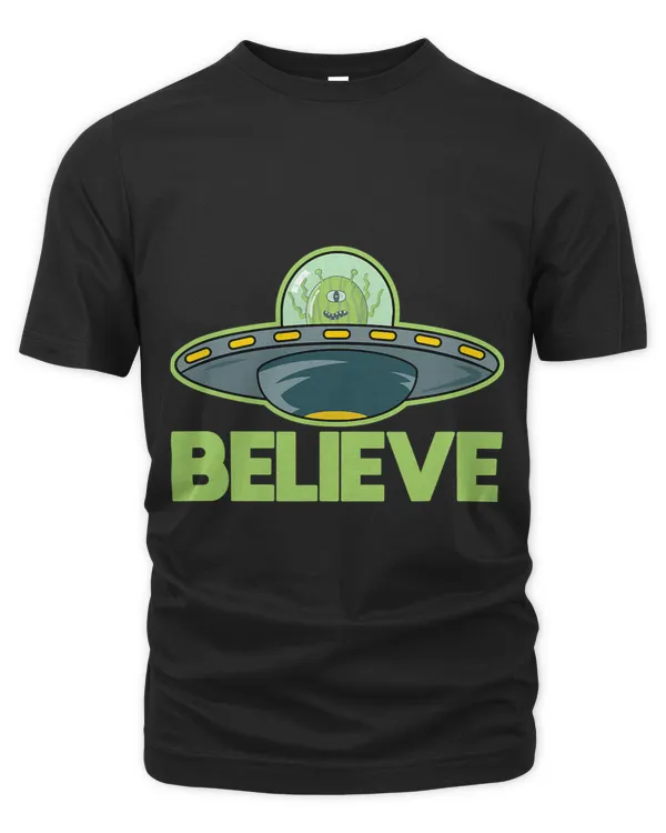 Funny Alien in UFO Flying Saucer Believe