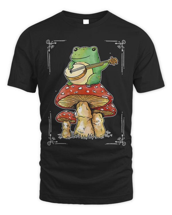 Frogs Cute Cottagecore Aesthetic Frog Playing Banjo on Mushroom45