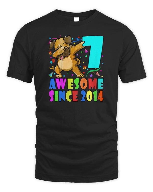 Kids Awesome Since 2014 Dabbing Pug 7th Birthday Party Girls Boys T-Shirt