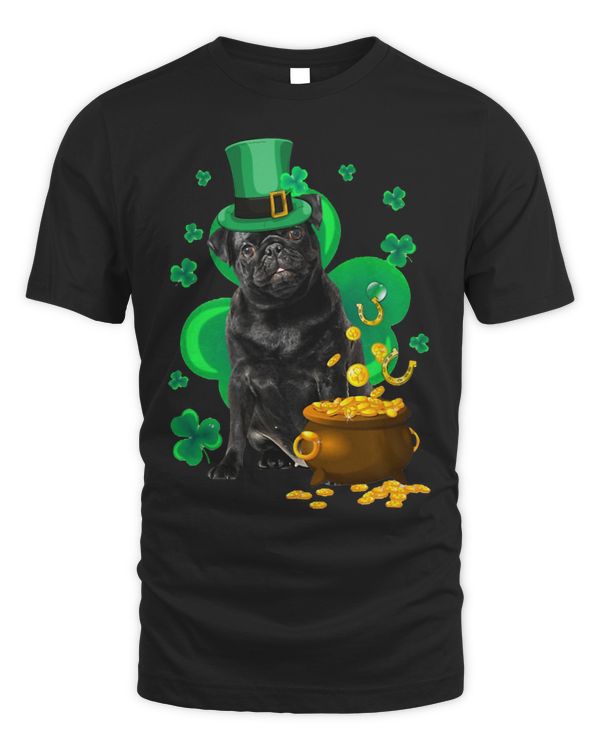 Lovely Black Pug With Pot of Gold St Patricks Day Shamrock