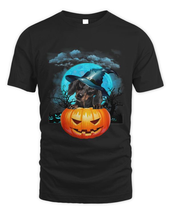 Halloween Black Dachshund Witch Pumpkin And Blue Moon
