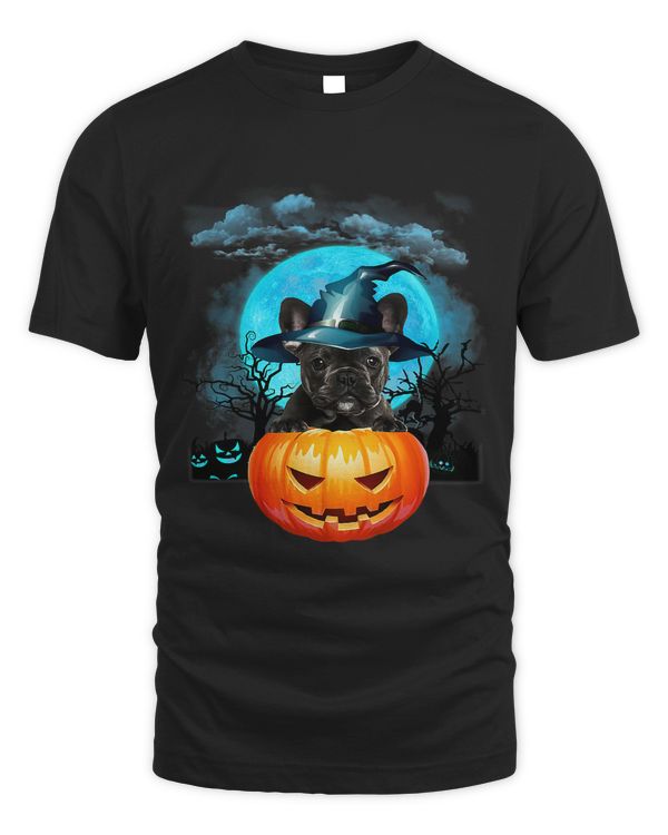 Halloween French Bulldog Witch Pumpkin And Blue Moon