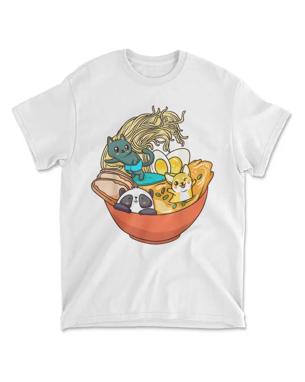 Cute Kawaii Cat Ramen Bowl Japanese Anime Panda Dog Noodle T-Shirt