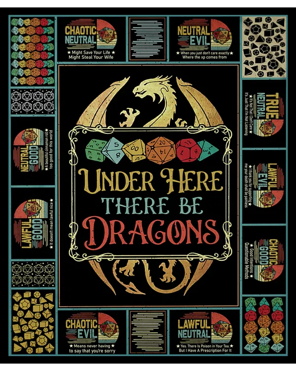 Under Here There Be Dragons Cozy Plush fleece Blanket, Dungeons And Dragons Blanket, Fleece Blanket