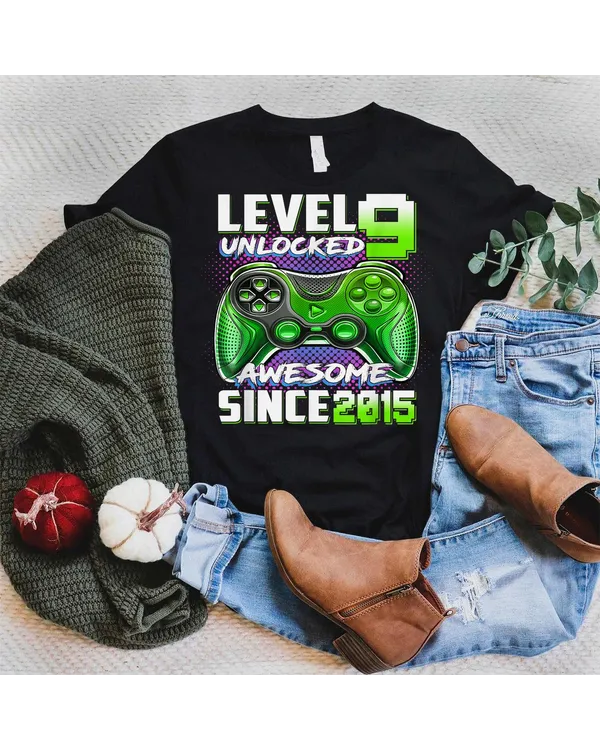 Level 9 Unlocked Awesome 2015 9th Birthday Gift Boy Gamer Shirt