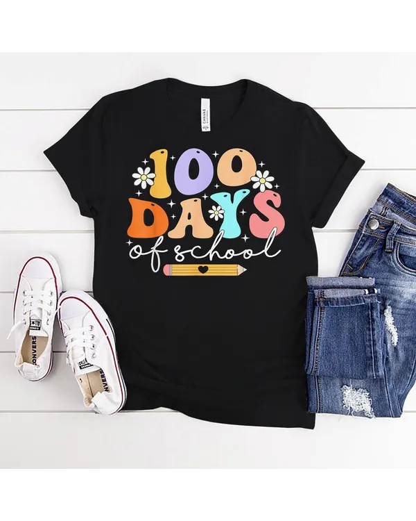 Teacher Kids Retro Groovy 100 Days Happy 100th Day Of School (1) Shirt