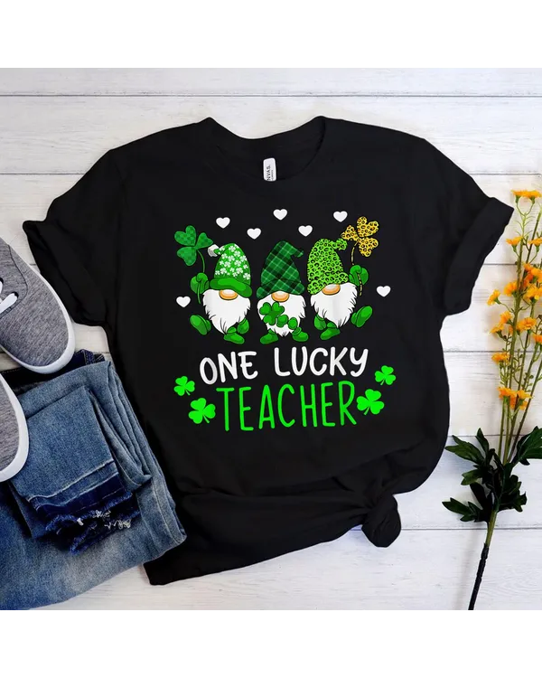 Teacher St Patricks Day Funny Gnome One Lucky Teacher Shirt