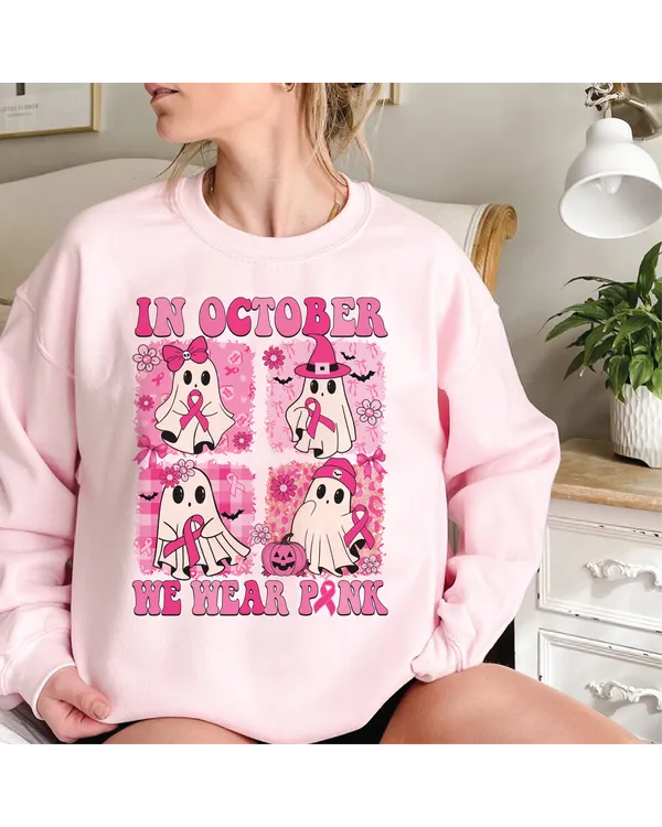 In October We Wear Pink Sweatshirt, Halloween Breast Cancer, Funny Cancer Sweatshirt, Cancer Warrior Shirt, Boo Sheet Shirt, Pink Ribbon Tee