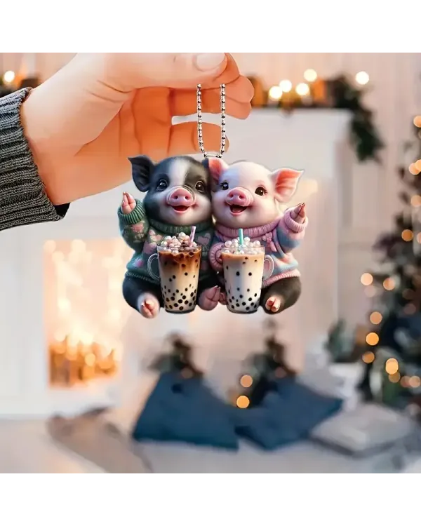 Acrylic Bubble Tea Twin Pigs Hanging Charm - Holiday Gift And Christmas Tree Ornament, Birthday Gift